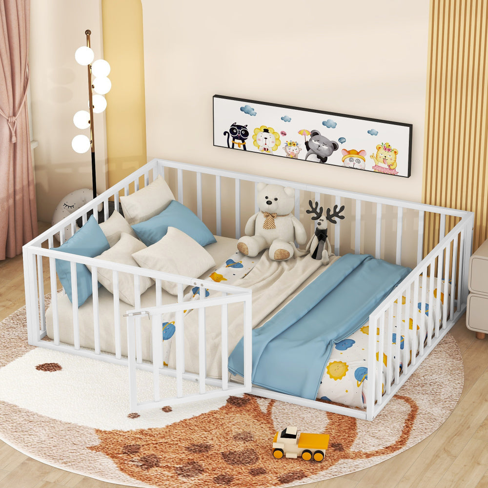 Twin Size Metal Floor Bed Frame with Fence and Door, Black