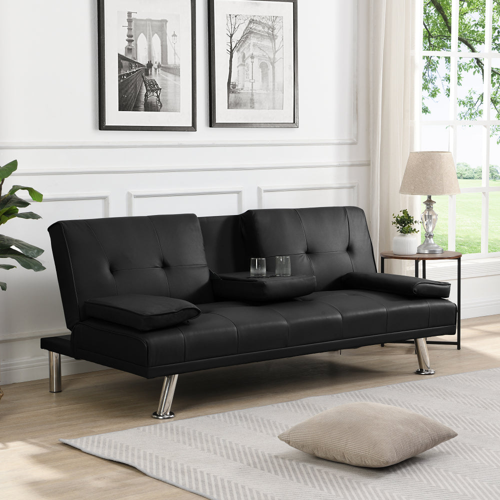 Sofa Bed with Armrest two holders  WOOD FRAME, STAINLESS LEG, FUTON BROWN  PVC,DARK BROWN