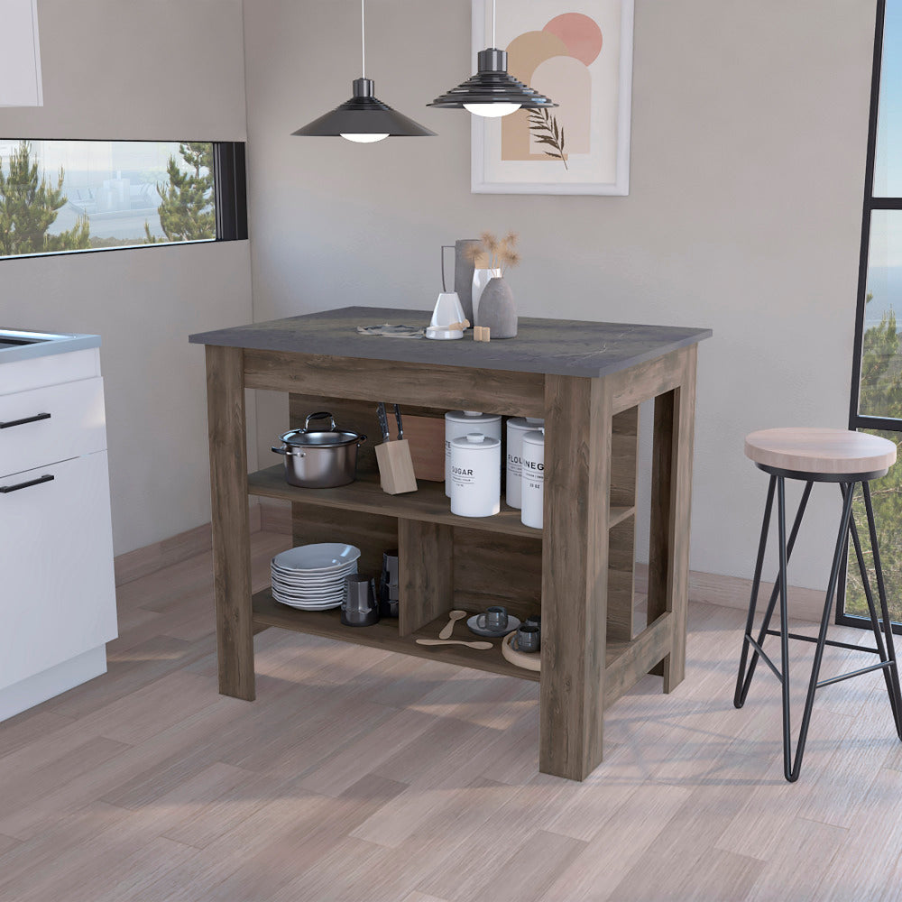 Kitchen Island Dozza, Three Shelves, White / Walnut Finish