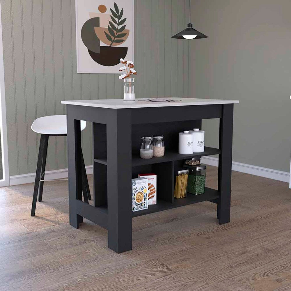 Kitchen Island Dozza, Three Shelves, White / Walnut Finish