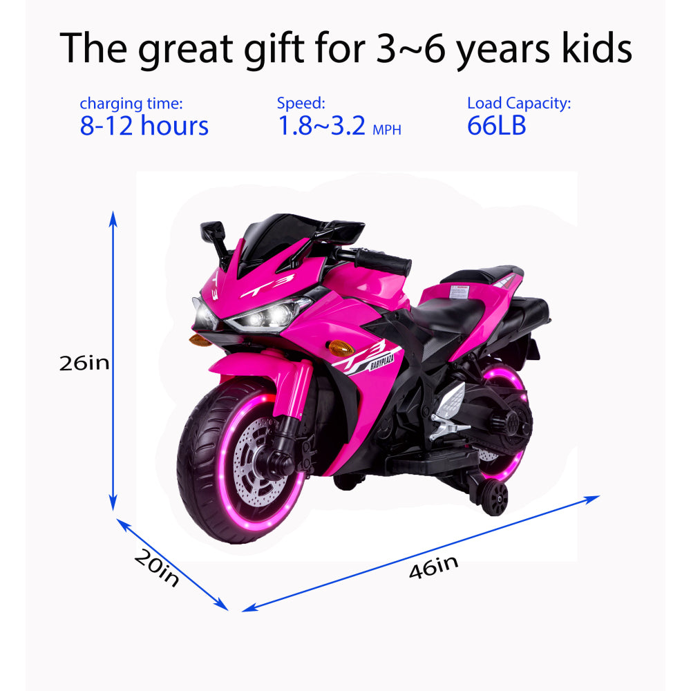 kids motorcycle,12V motorcycle for kids 3 4 5 6 years Boys Girls  12v7ah kids motorcycle ride on toy with Training  Wheels/manual throttle/ drive by hand /Lighting  wheels
