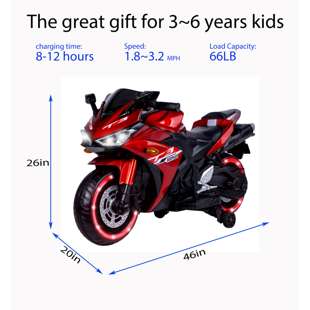 Kids Motorcycle 12 V Motorcycle For Kids 3-8 Years Boys Girls,Kids Motorcycle Ride On Toy With Training  Wheels/Manual Throttle/ Drive By Hand /Lighting  Wheels