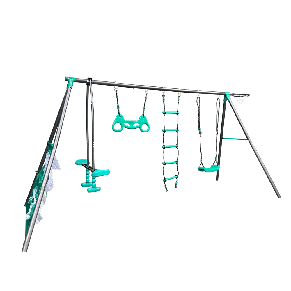 XNS076 blackish green interesting four function swingset with face to face metal plastic safe swing seat 550lbs for outdoor playground for age 3+