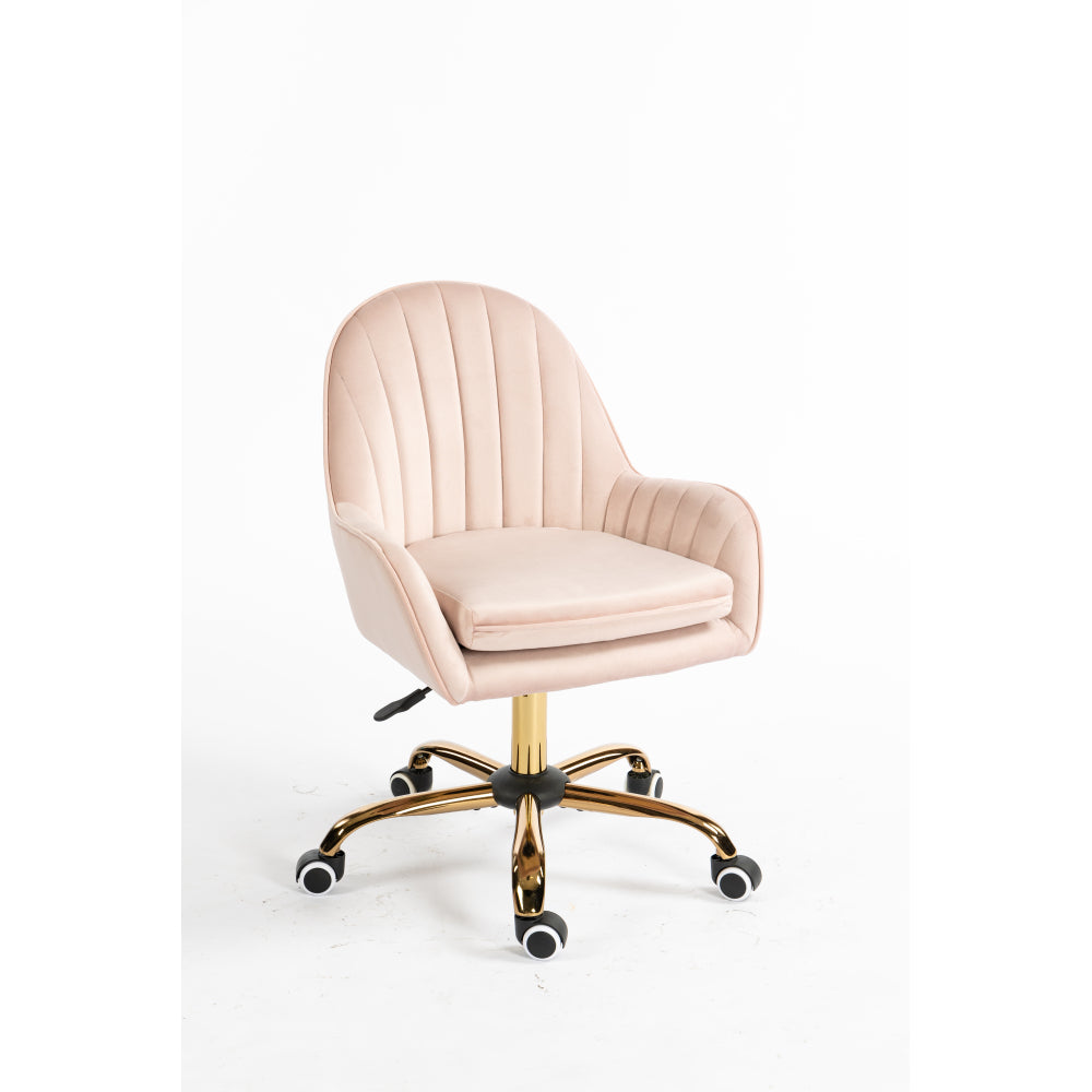 Velvet Home Office Chair with Wheels, Cute Chair with Side Arms and Gold Metal Base for Living Room, Bedroom,and Vanity Room,Bling Desk Nail Desk for Women,Adjustable Height,Pink
