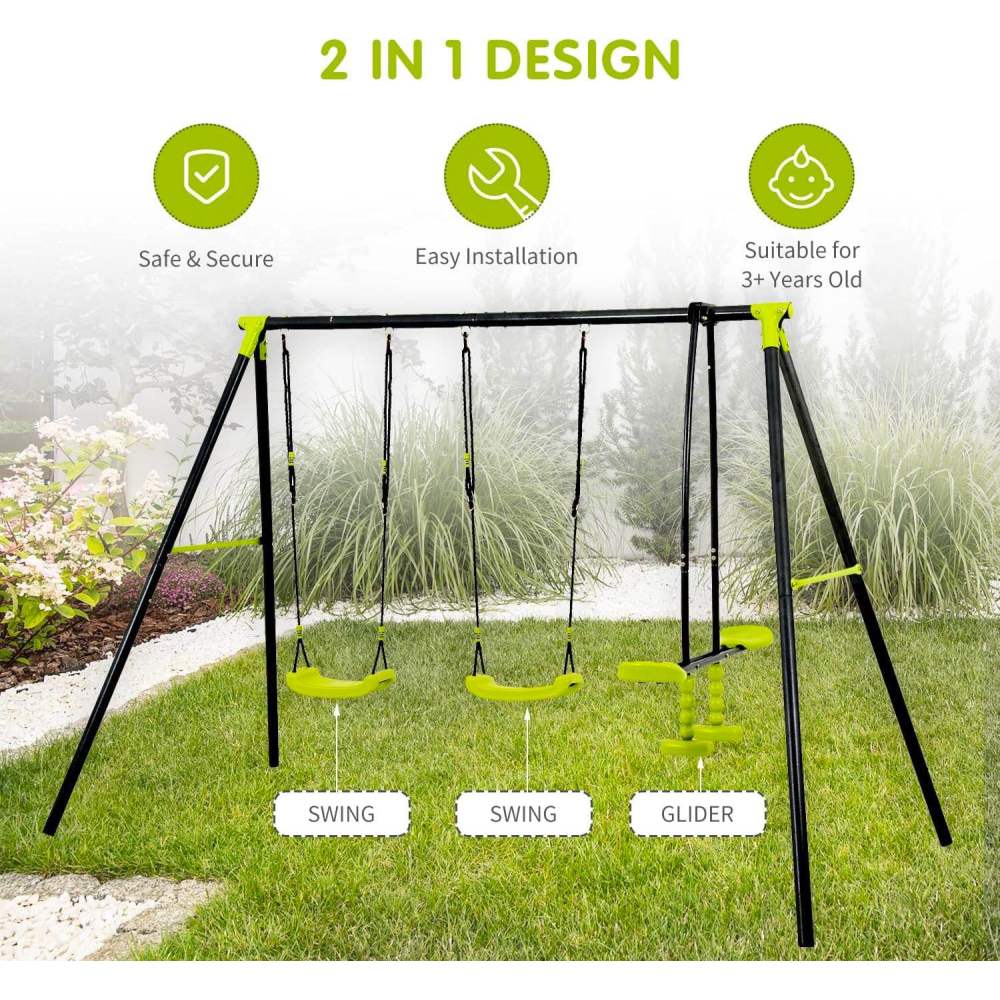 XNS008 interesting triple children metal safe swing set 440lbs for outdoor playground three seat swing black and green for age 3+