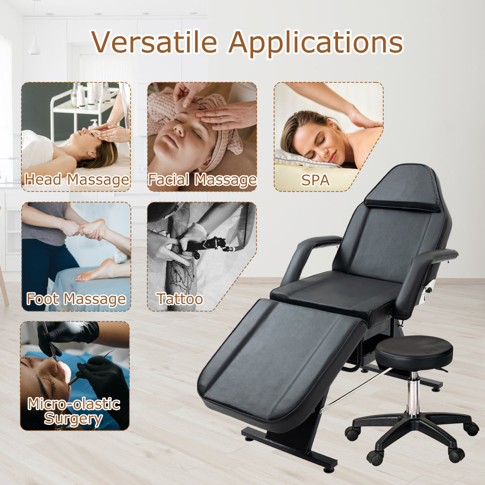 Massage Salon Tattoo Chair with Two Trays Esthetician Bed with Hydraulic Stool,Multi-Purpose 3-Section Facial Bed Table, Adjustable Beauty Barber Spa Beauty Equipment, Black