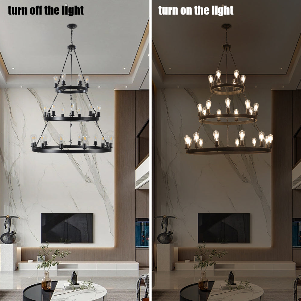 (Same as:W1340119961/W1340P206660/L001005-D1140-P27B)45" Retro Industrial Style 3-Layer Pendant Light, 27-Lights Black Farmhouse Pendant, Suitable for Dining Rooms, Living Rooms (Bulb Not Included)
