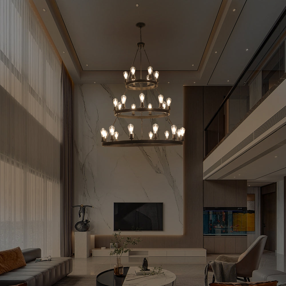 (Same as:W1340119961/W1340P206660/L001005-D1140-P27B)45" Retro Industrial Style 3-Layer Pendant Light, 27-Lights Black Farmhouse Pendant, Suitable for Dining Rooms, Living Rooms (Bulb Not Included)