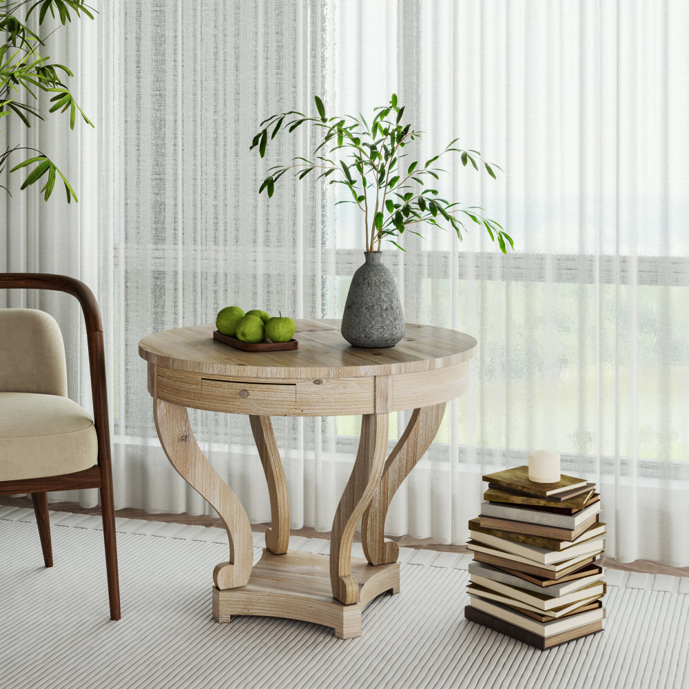 Curved Legs Farmhouse Style Small Size Round Dining Table End Table Side Table Coffee Table for Dinette, Kitchen, Dining Room or Living Room, Natural Wood