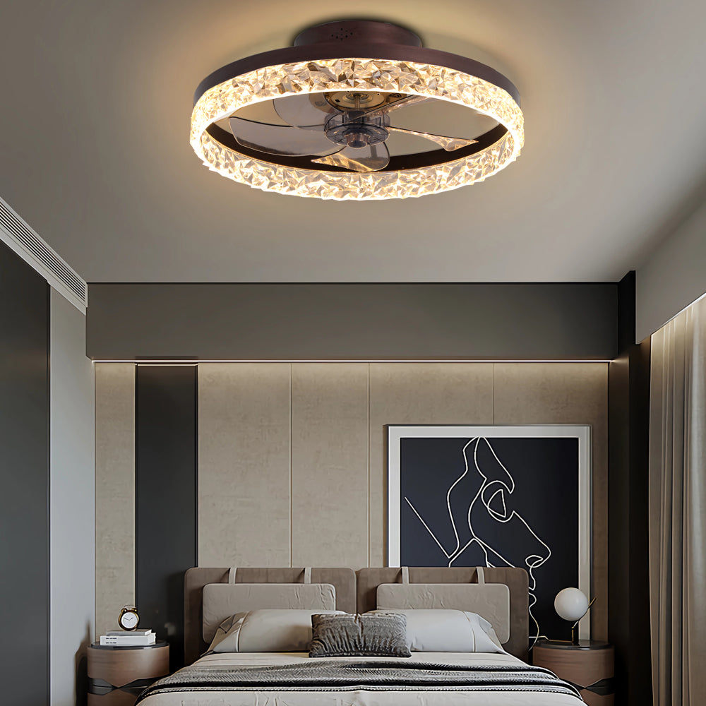 20" Brown Ceiling Fan with LED Light – Modern Flush Mount Fan Light for Bedroom, Living Room, and Home Décor with Crystal Ring Design