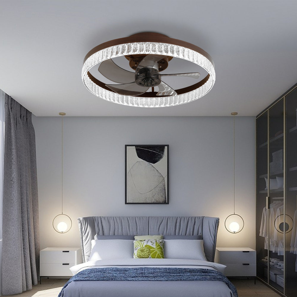 20" Brown Ceiling Fan with LED Light – Modern Flush Mount Fan Light for Bedroom, Living Room, and Home Décor with Crystal Ring Design