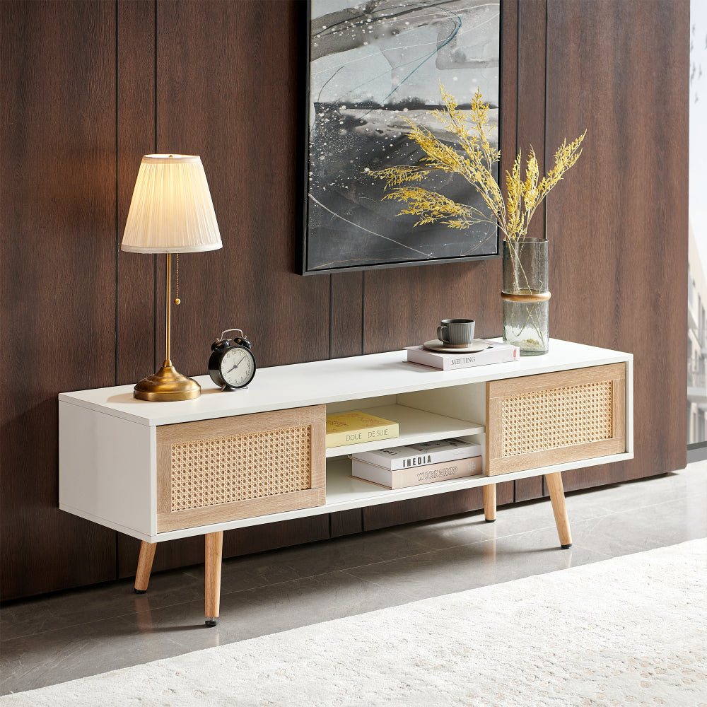 41.34" Rattan Coffee table, sliding door for storage, solid wood legs, Modern table  for living room ,White