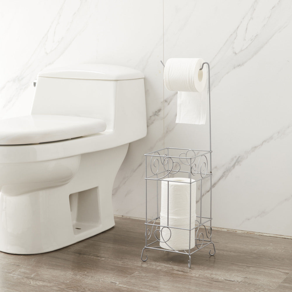 Silver Metal Frame Toilet Paper Holder Stand, Bathroom Tissue Organizer