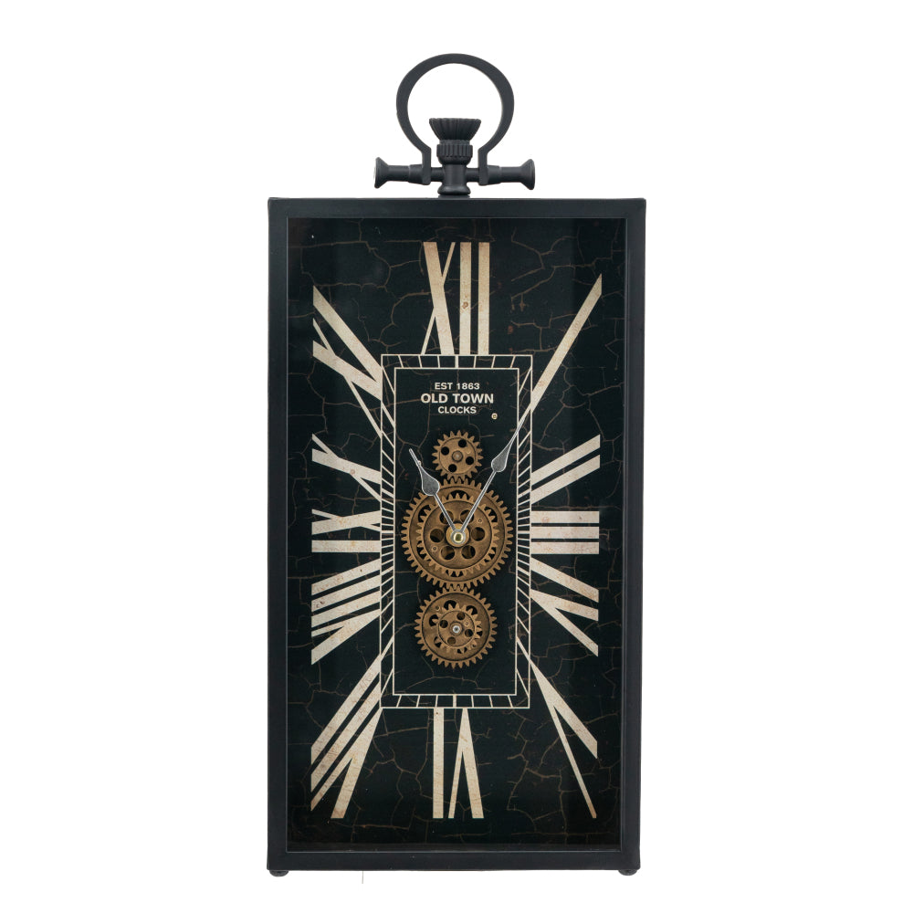Decorative Black and Gold Roman Numeral Table Clock, Home Decor Gear Clock, 21" x 10"