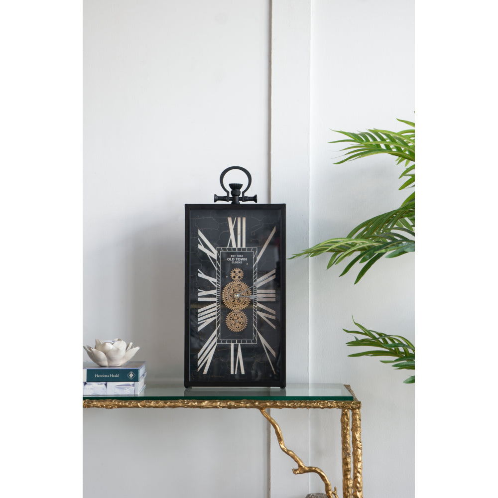 Decorative Black and Gold Roman Numeral Table Clock, Home Decor Gear Clock, 21" x 10"