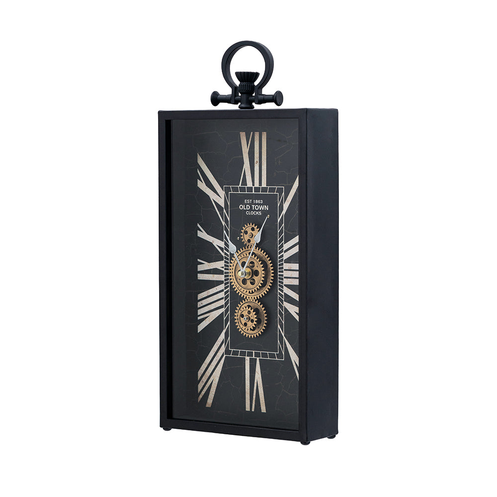 Decorative Black and Gold Roman Numeral Table Clock, Home Decor Gear Clock, 21" x 10"