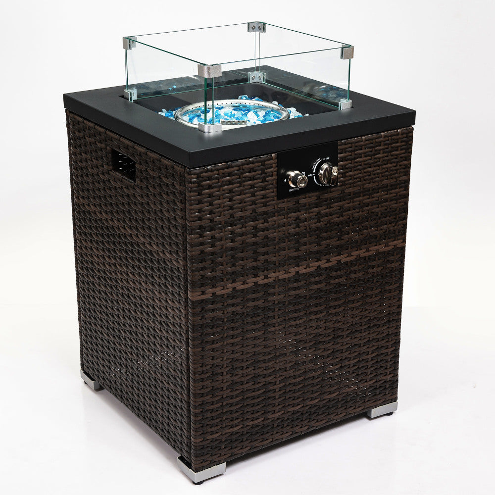 22" Propane Gas Fire Pit Table, 40000 BTU Square Steel Fire Pit with Beautiful Wicker Base for Outside Patio Deck Garden Backyard-Black