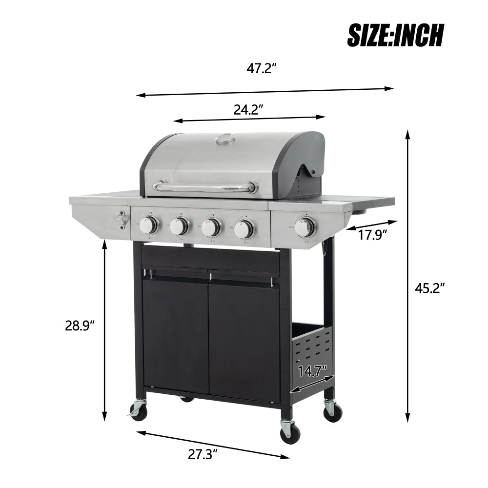 Propane Grill 4 Burner Barbecue Grill Stainless Steel Gas Grill with Side Burner, 46,500 BTU Outdoor Cooking, Patio, Garden Barbecue Grill, Black and Silver