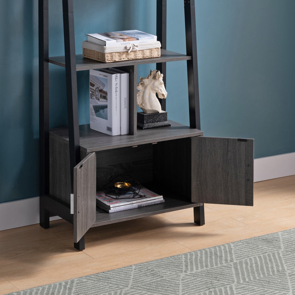 Modern Bookcase with Four Open Shelves and Two Door Cabinet - Black & Grey