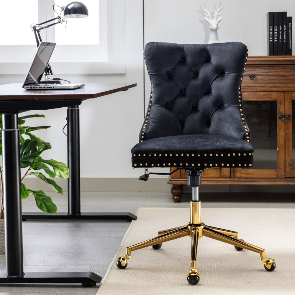 A&A Furniture Office Chair,Modern Velvet Upholstered Tufted Button Home Office Chair with Golden Metal Base,Adjustable Desk Chair Swivel Office Chair (Gray)