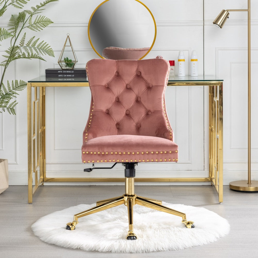 A&A Furniture Office Chair,Modern Velvet Upholstered Tufted Button Home Office Chair with Golden Metal Base,Adjustable Desk Chair Swivel Office Chair (Gray)