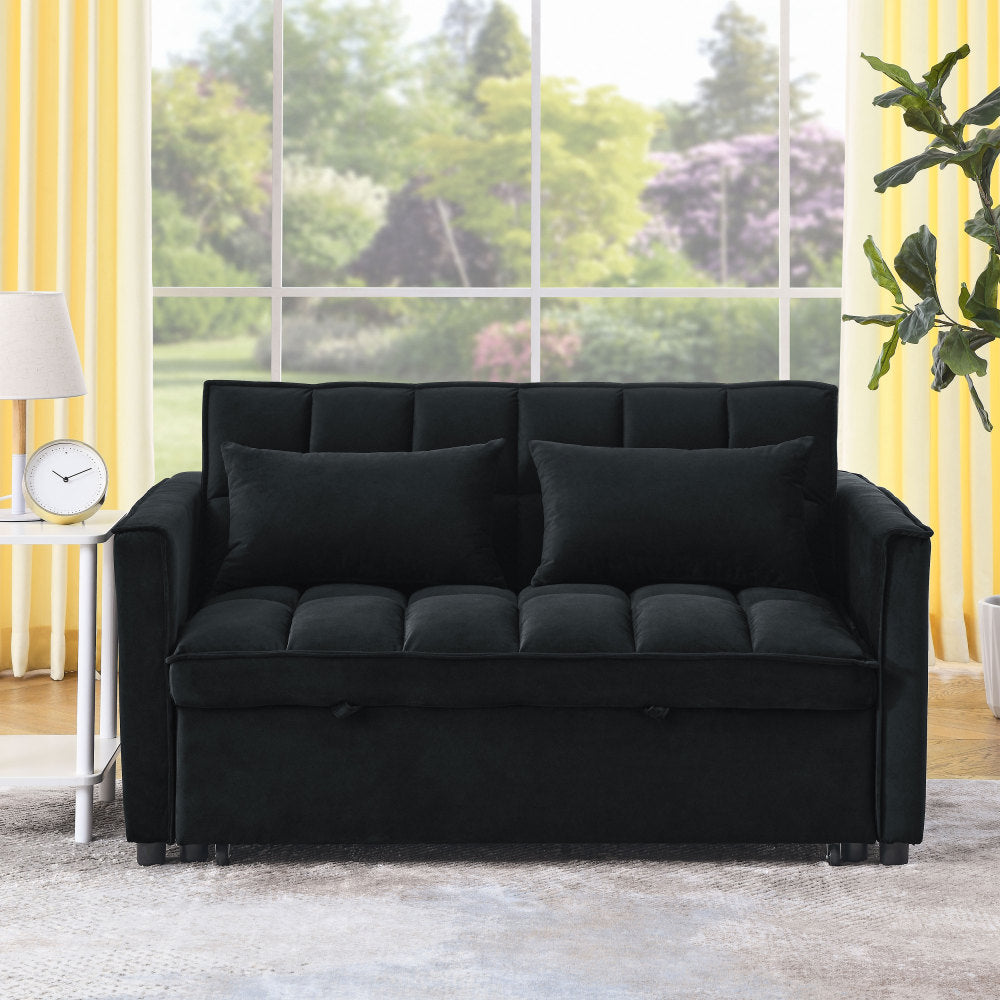 Sleeper Sofa, Convertible Sofa, Recliner, Bed, 3-in-1, 3-Position Adjustable Backrest, 2-Seater Sectional, Two Side Pockets, 2 Pillows for Living Room, Apartment, etc., Velvet Black 54" Wide.