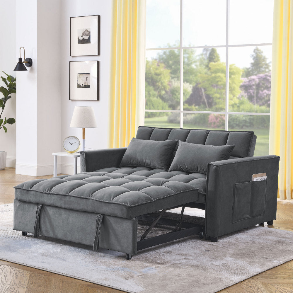 Sleeper Sofa, Convertible Sofa, Recliner, Bed, 3-in-1, 3-Position Adjustable Backrest, 2-Seater Sectional, Two Side Pockets, 2 Pillows for Living Room, Apartment, etc., Velvet Black 54" Wide.