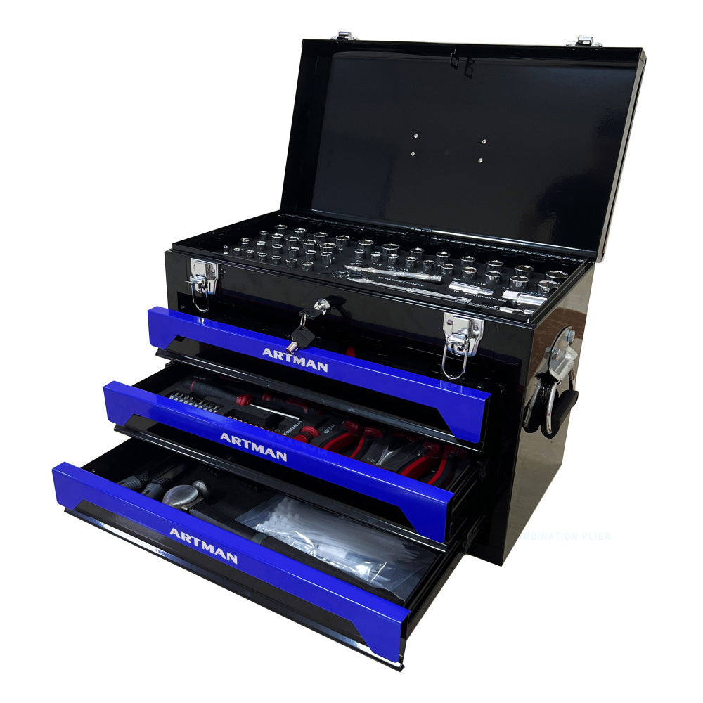 20'' Portable 3-Drawer Steel Toolbox, 4 Layers of Tools with Metal Latches, with Top Storage Tray and carrying Handle, Multi-Function Tool Storage for Garage, Home, or Workbench ,Black&Blue