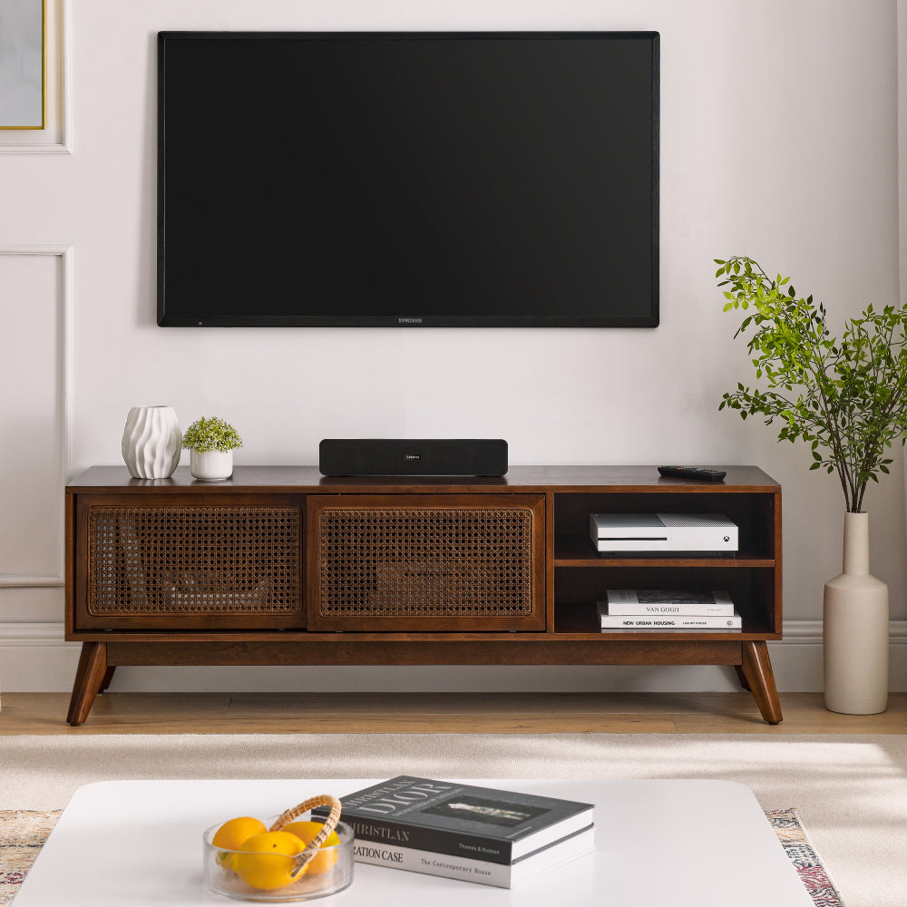 59 Inch Mid Century Modern Rattan TV Stand for 65 Inch TV, Entertainment Cabinet, Media Console for Living Room Media Room, Solid Wood Feet & Rattan Cabinet Doors - Light Wood