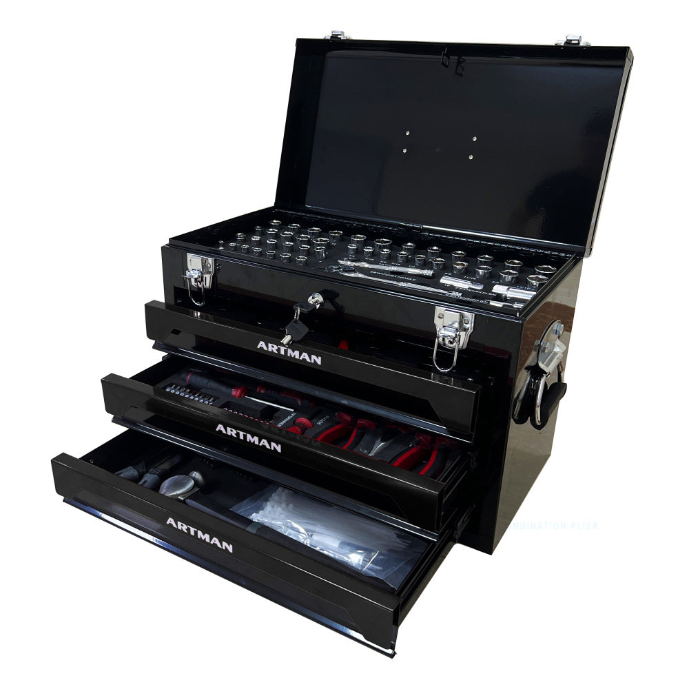20'' Portable 3-Drawer Steel Toolbox, 4 Layers of Tools with Metal Latches, with Top Storage Tray and carrying Handle, Multi-Function Tool Storage for Garage, Home, or Workbench,Black