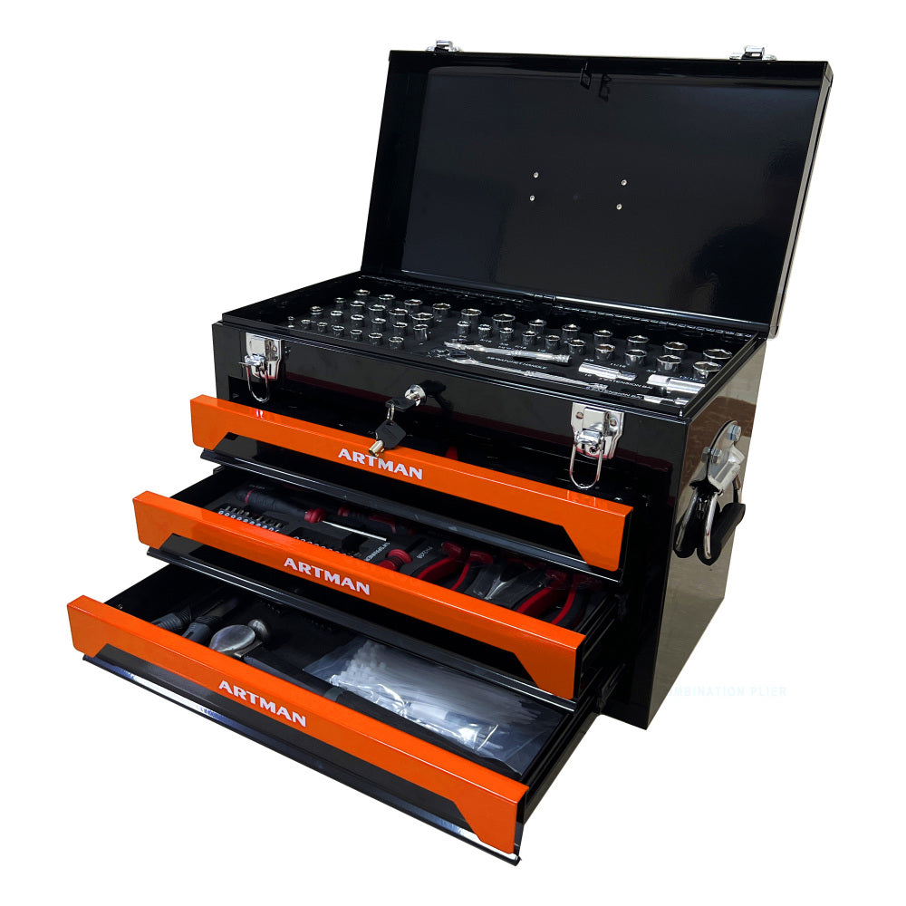 20'' Portable 3-Drawer Steel Toolbox, 4 Layers of Tools with Metal Latches, with Top Storage Tray and carrying Handle, Multi-Function Tool Storage for Garage, Home, or Workbench ,Black&Orange