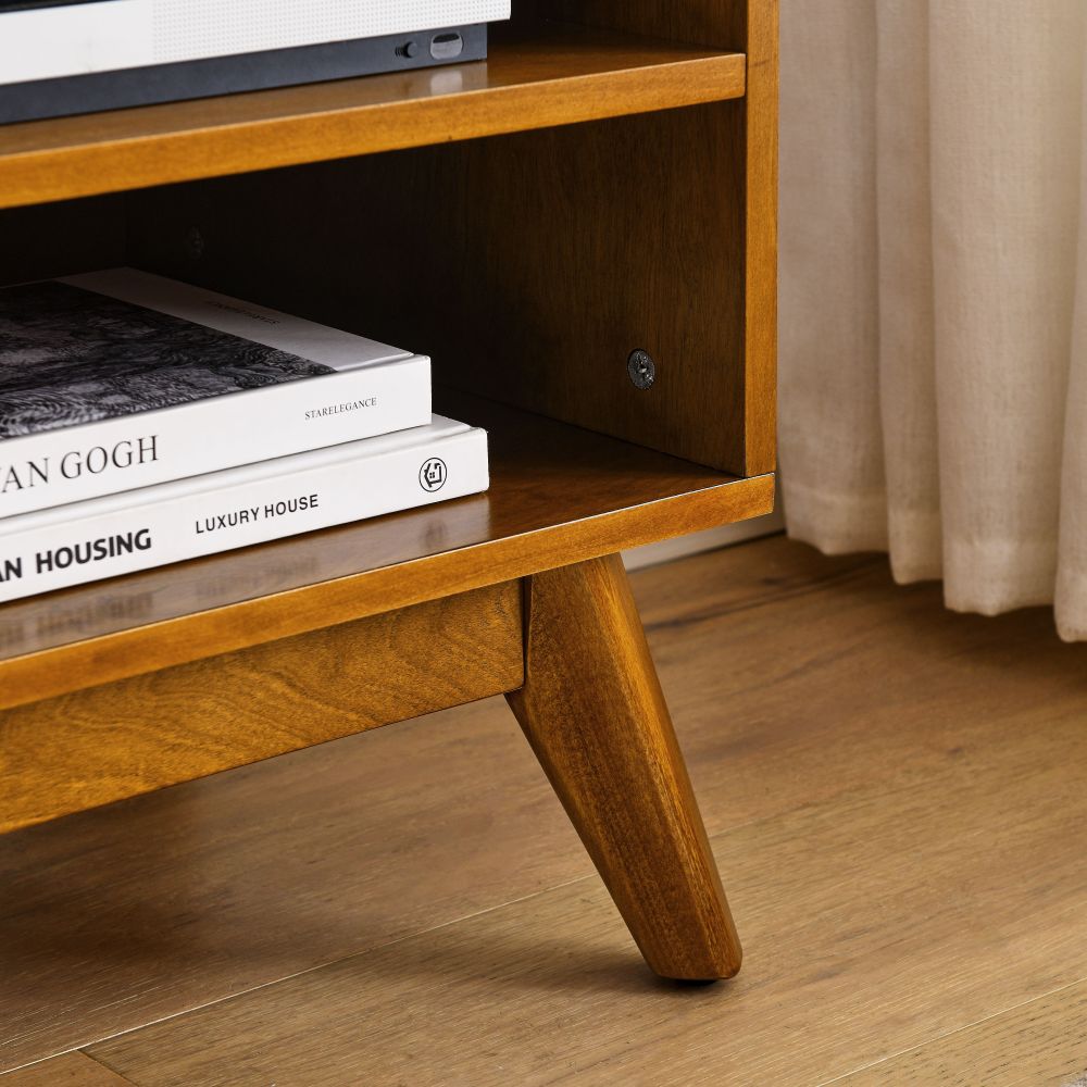 59 Inch Mid Century Modern Rattan TV Stand for 65 Inch TV, Entertainment Cabinet, Media Console for Living Room Media Room, Solid Wood Feet & Rattan Cabinet Doors - Light Wood