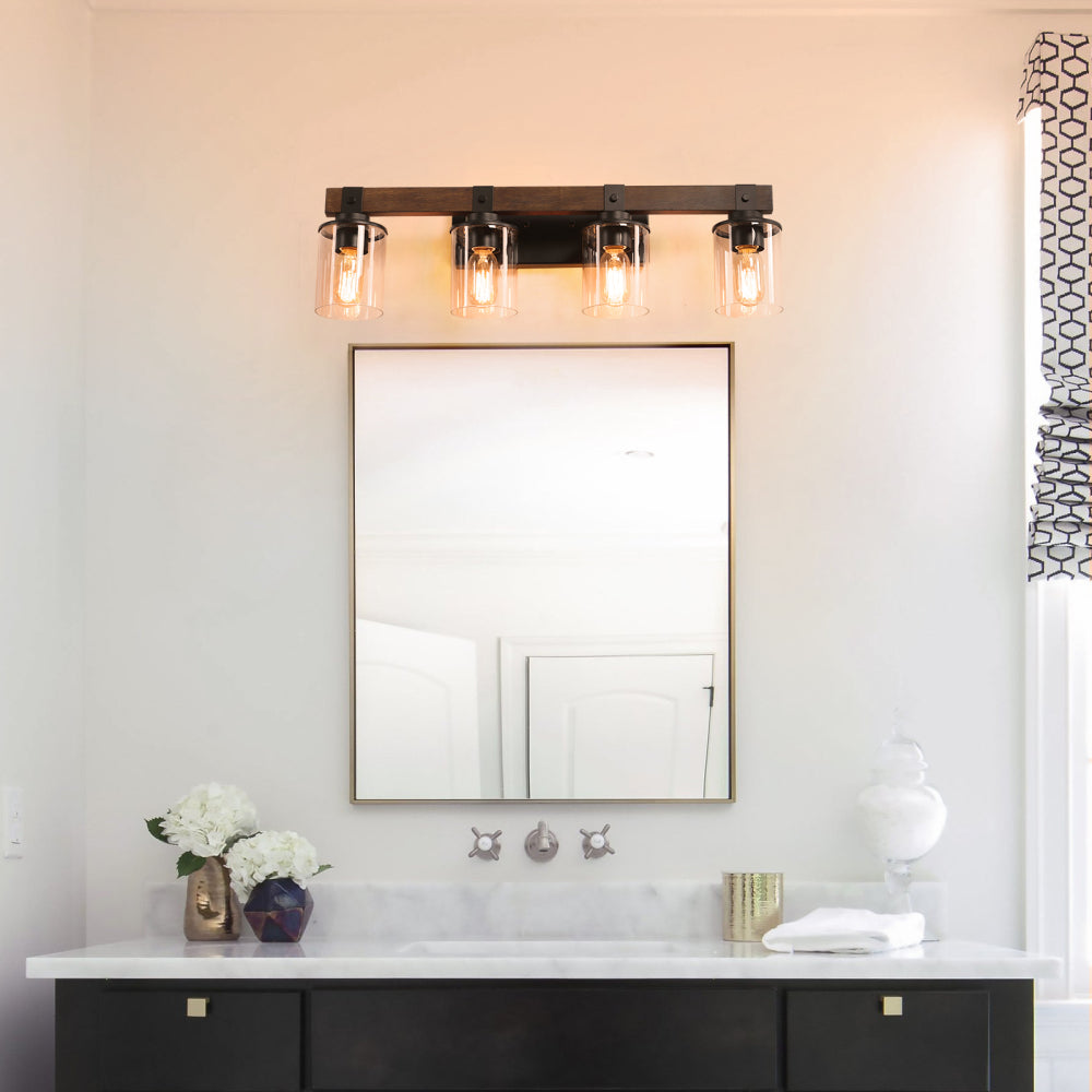 (Same as W1340119955/L1015) 19" Rustic 3-Light Vanity Light, Industrial Bathroom Wall Sconce with Glass Shades and Wood Accent, Modern Farmhouse Lighting Fixture (No Bulbs)