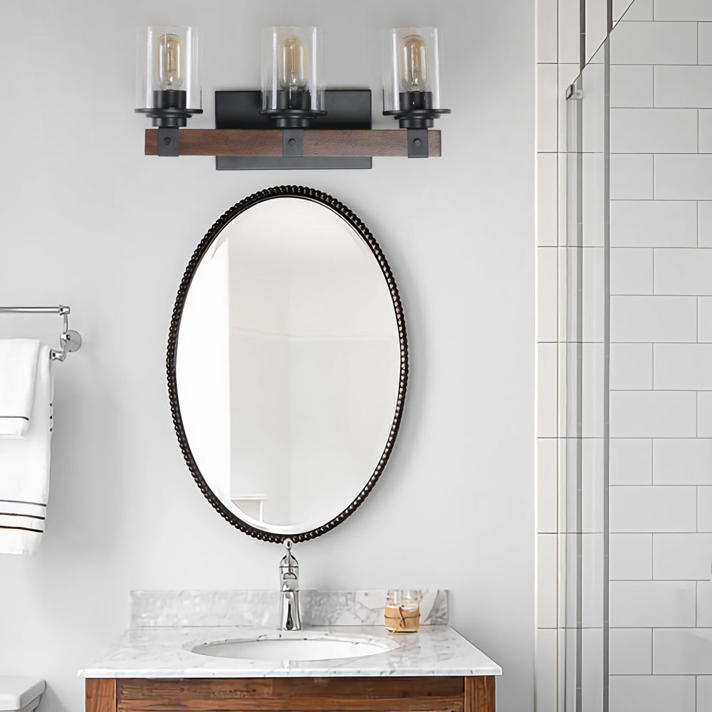 (Same as W1340119955/L1015) 19" Rustic 3-Light Vanity Light, Industrial Bathroom Wall Sconce with Glass Shades and Wood Accent, Modern Farmhouse Lighting Fixture (No Bulbs)