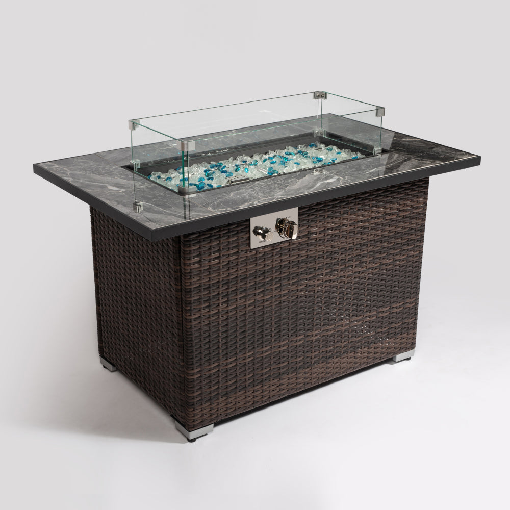 44" Propane Gas Fire Pit Table, 50000 BTU Rectangular Fire Pit, Tile Tabletop with Beautiful Wicker Base for Outside Patio Deck Garden Courtyard-Brown