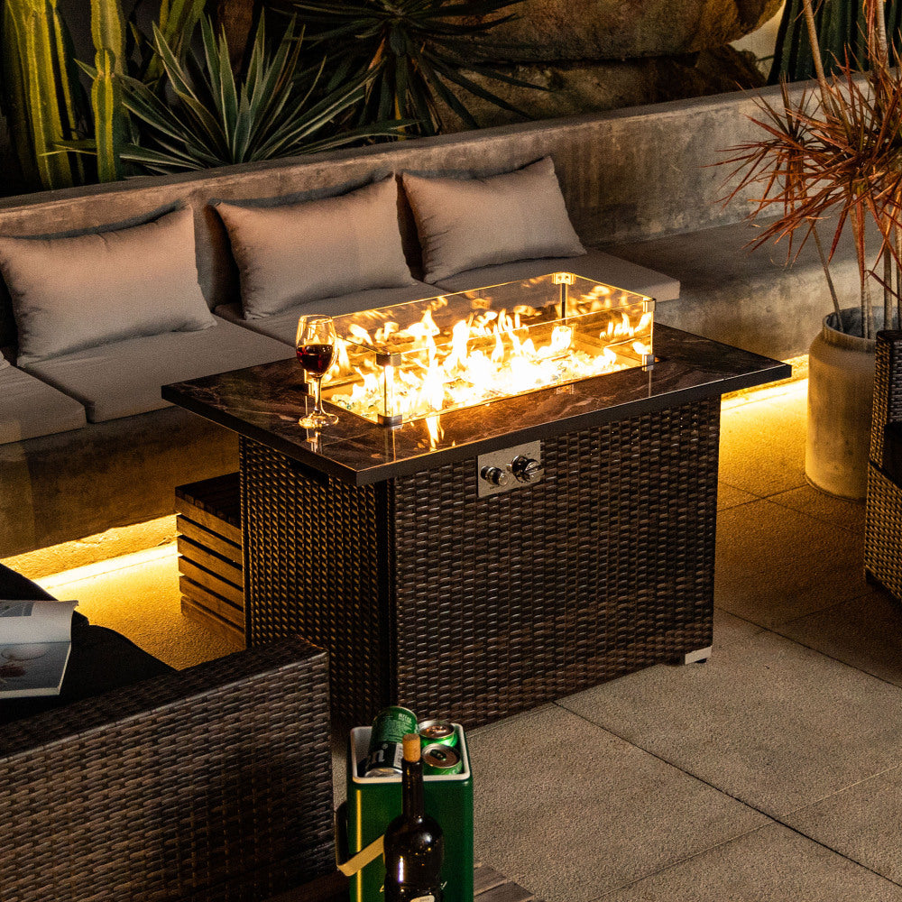 44" Propane Gas Fire Pit Table, 50000 BTU Rectangular Fire Pit, Tile Tabletop with Beautiful Wicker Base for Outside Patio Deck Garden Courtyard-Brown