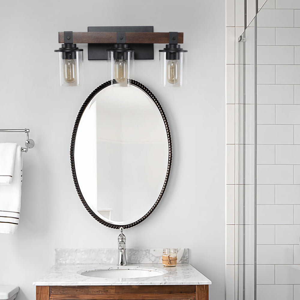 (Same as W1340119955/L1015) 19" Rustic 3-Light Vanity Light, Industrial Bathroom Wall Sconce with Glass Shades and Wood Accent, Modern Farmhouse Lighting Fixture (No Bulbs)