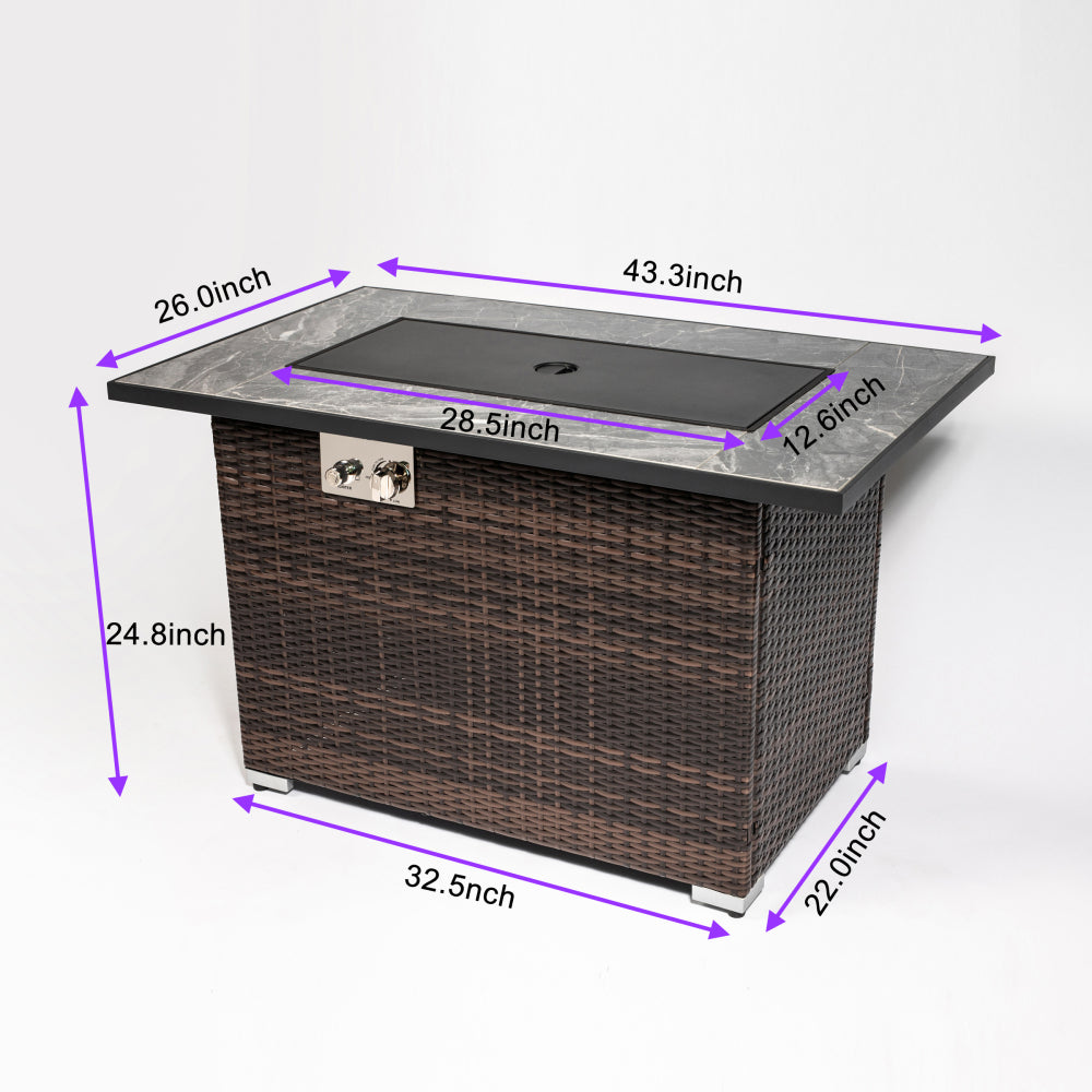 44" Propane Gas Fire Pit Table, 50000 BTU Rectangular Fire Pit, Tile Tabletop with Beautiful Wicker Base for Outside Patio Deck Garden Courtyard-Brown