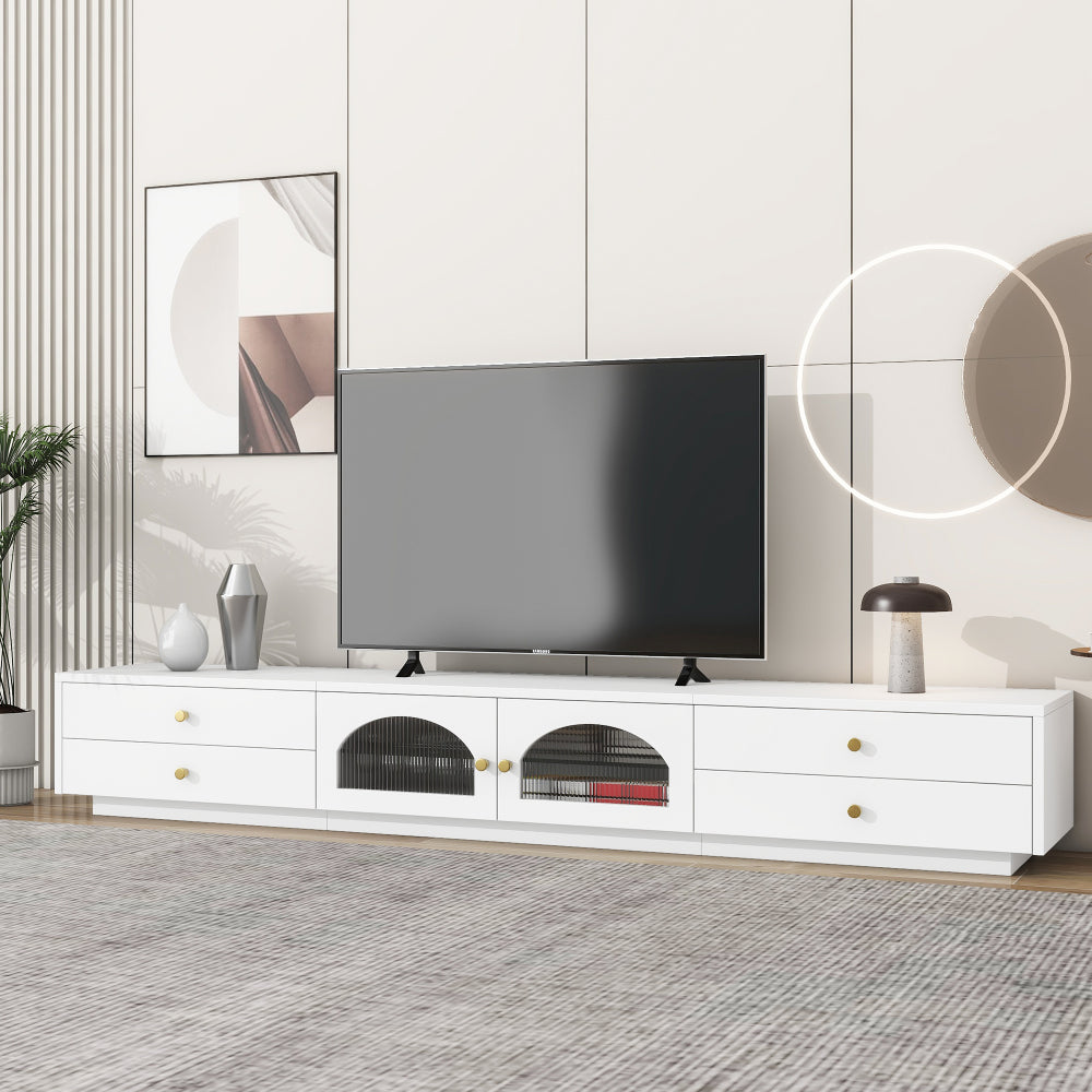 ON-TREND TV Stand with Fluted tempered Glass Doors for TVs Up to 95'', Functional Media Console with Arched Cabinet Doors, Entertainment Center with APP-Controlled LED Light for Living Room, Black
