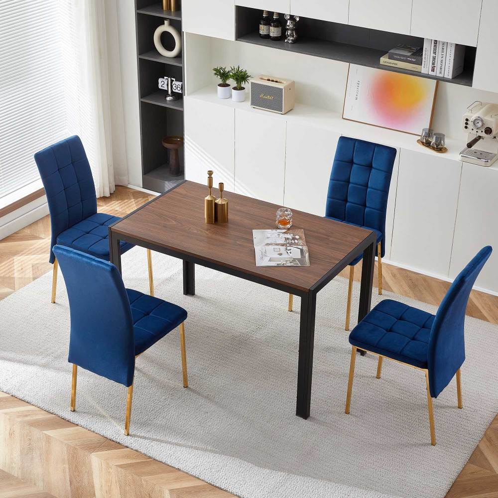 Dark Blue Velvet High Back Nordic Dining Chair Modern Fabric Chair with Golden Color Legs, Set Of 4