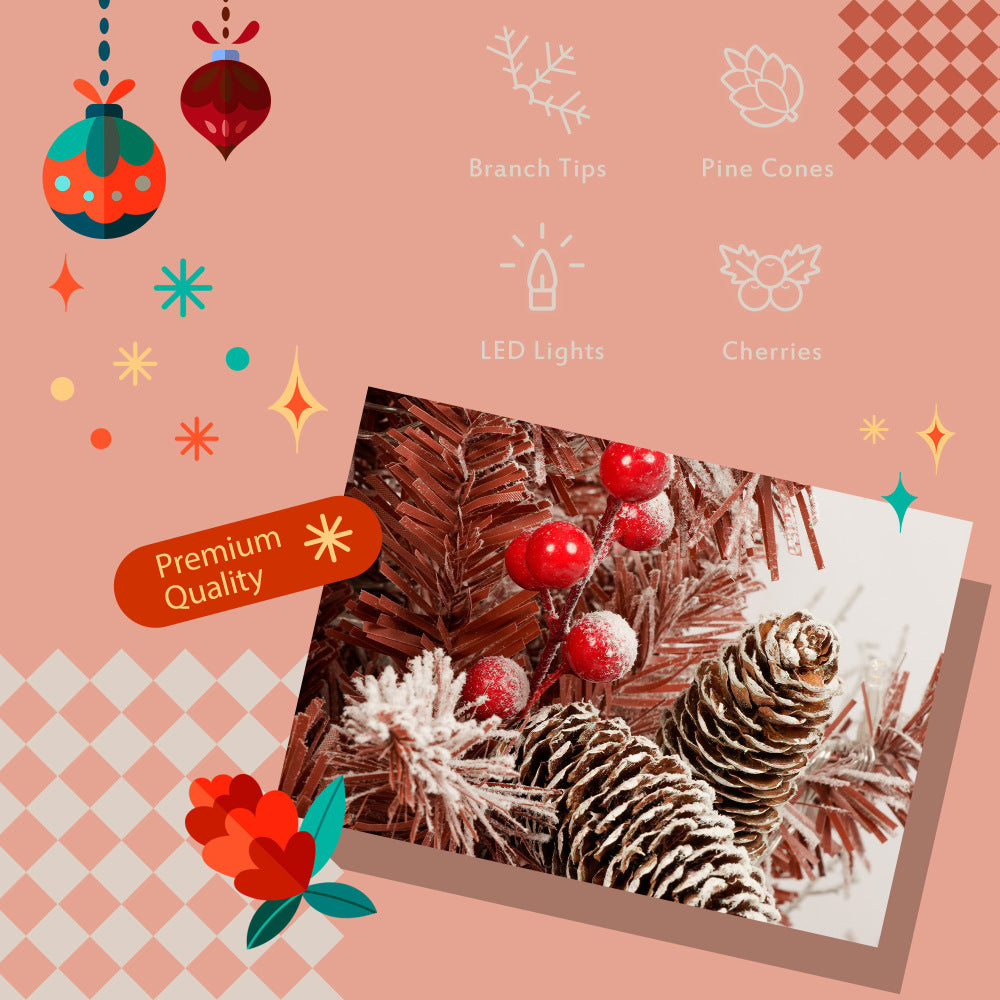 GO 4-Pieces Set Artificial Christmas Tree, Brown Needles with flocking, with Warm Lights, pine cones and berries, Artificial Tree for door and fireplace