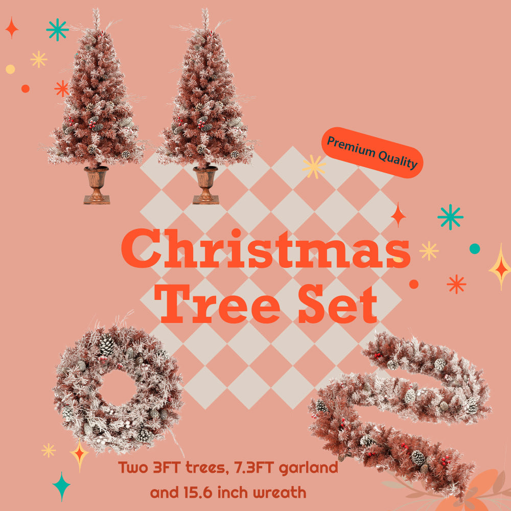 GO 4-Pieces Set Artificial Christmas Tree, Brown Needles with flocking, with Warm Lights, pine cones and berries, Artificial Tree for door and fireplace