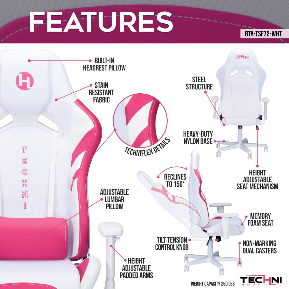 Techni Sport TSF72 Echo Gaming Chair - White with Pink