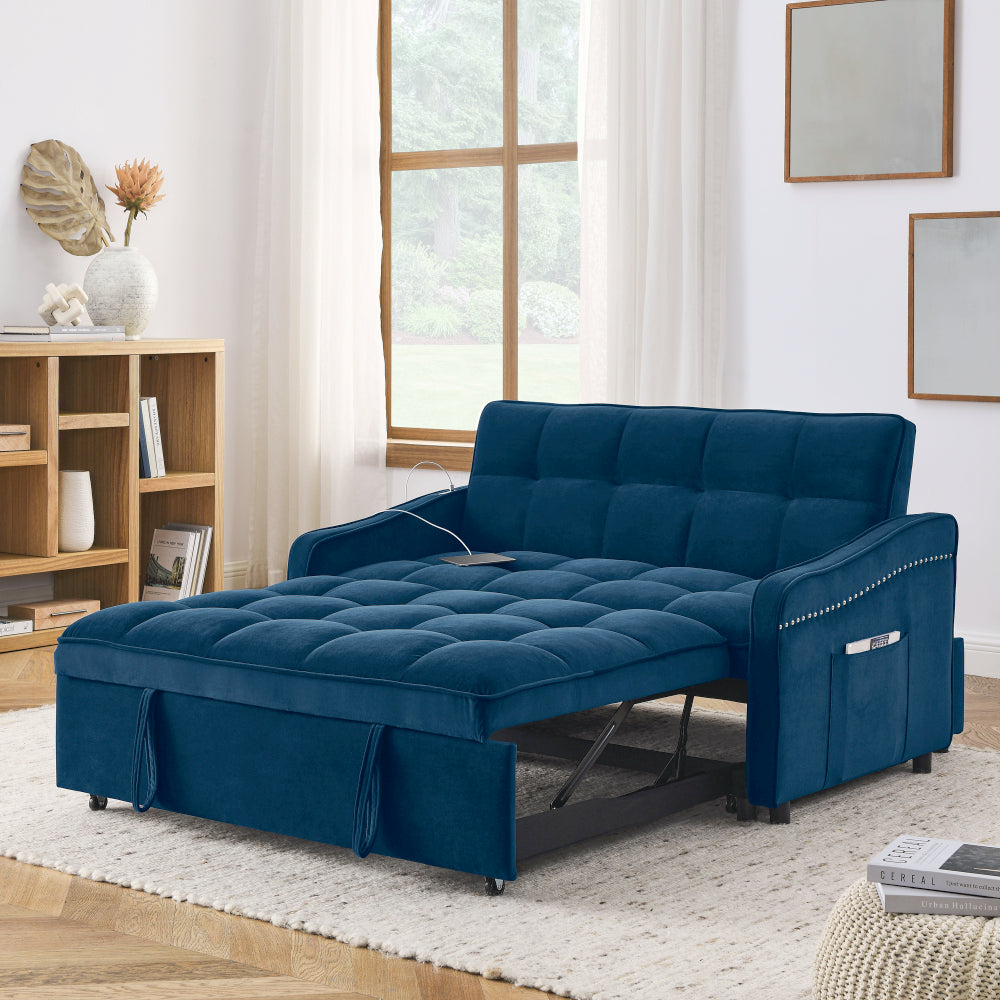Loveseats Sofa Bed with Pull-out Bed,Adjsutable Back and Two Arm Pocket,TypeC and USB Charging with Copper nail,Grey (47"x53"x31")