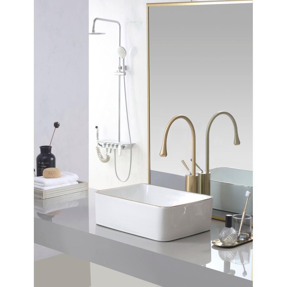 White with gold trim Vessel Bathroom Sink Basin in White Ceramic Single Basin Ceramic Farmhouse Kitchen Sink with Basket Strainer