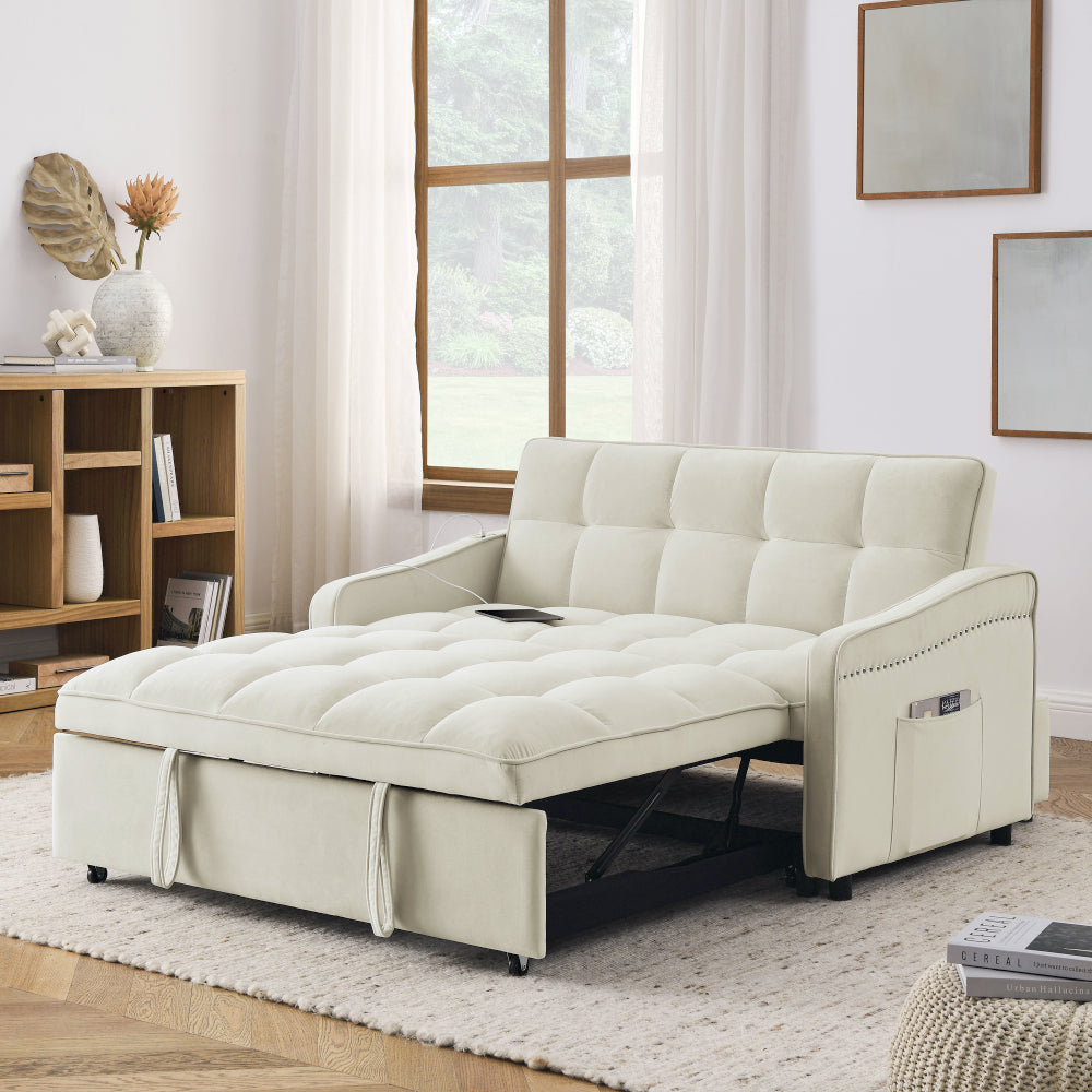 Loveseats Sofa Bed with Pull-out Bed,Adjsutable Back and Two Arm Pocket,TypeC and USB Charging with Copper nail,Grey (47"x53"x31")