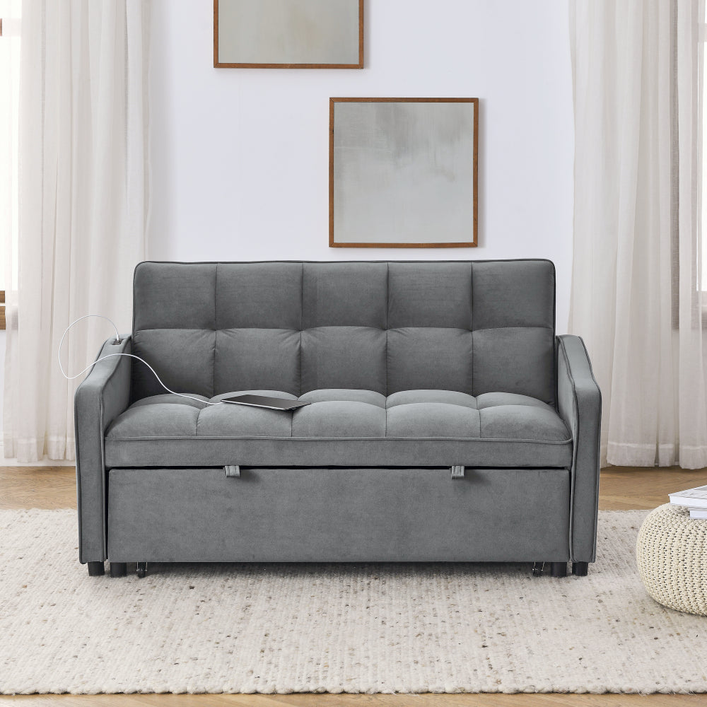 Loveseats Sofa Bed with Pull-out Bed,Adjsutable Back and Two Arm Pocket,TypeC and USB Charging with Copper nail,Grey (47"x53"x31")