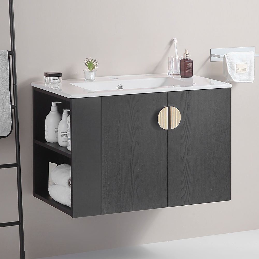 30" Bathroom Vanity with Sink,with two Doors Cabinet Bathroom Vanity Set with Side right Open Storage Shelf,Solid Wood,Excluding faucets,Black