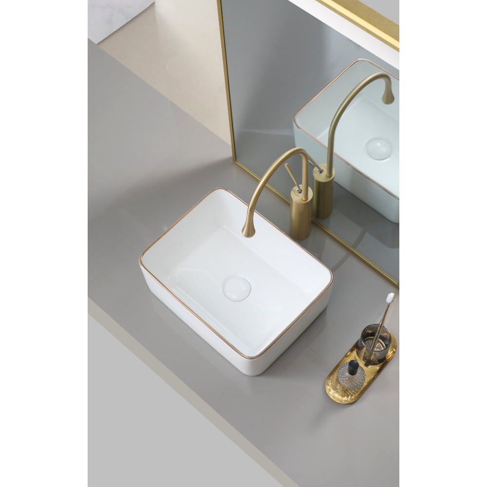 White with gold trim Vessel Bathroom Sink Basin in White Ceramic Single Basin Ceramic Farmhouse Kitchen Sink with Basket Strainer