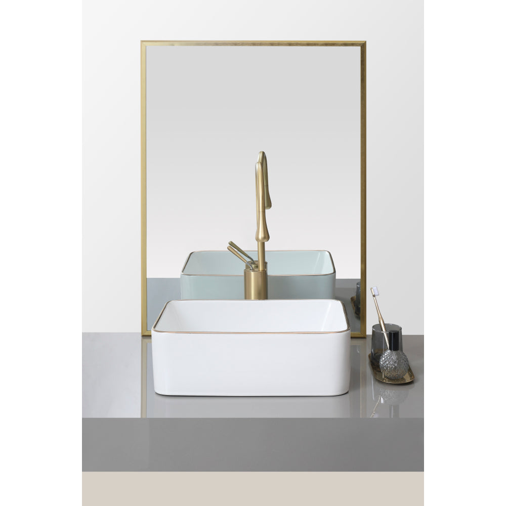 White with gold trim Vessel Bathroom Sink Basin in White Ceramic Single Basin Ceramic Farmhouse Kitchen Sink with Basket Strainer